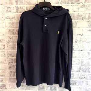 Polo Ralph Lauren Men's L Navy Lightweight Cotton Yellow Pony Pullover Hoodie